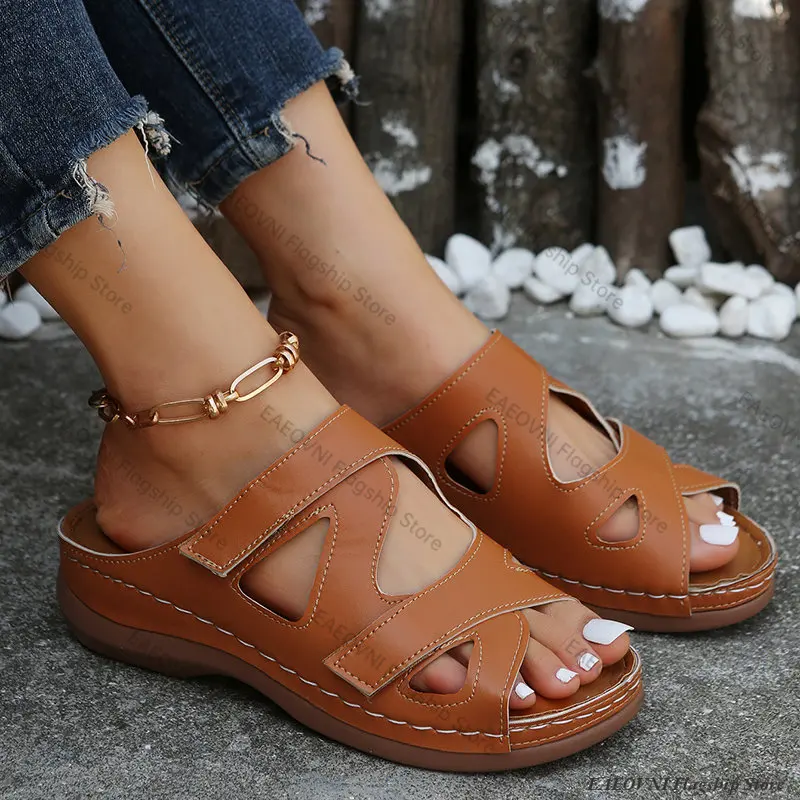 2023 Summer Women Wedge Sandals Premium Orthopedic Open Toe Sandals Vintage Anti-slip Leather Casual Female Platform Retro Shoes