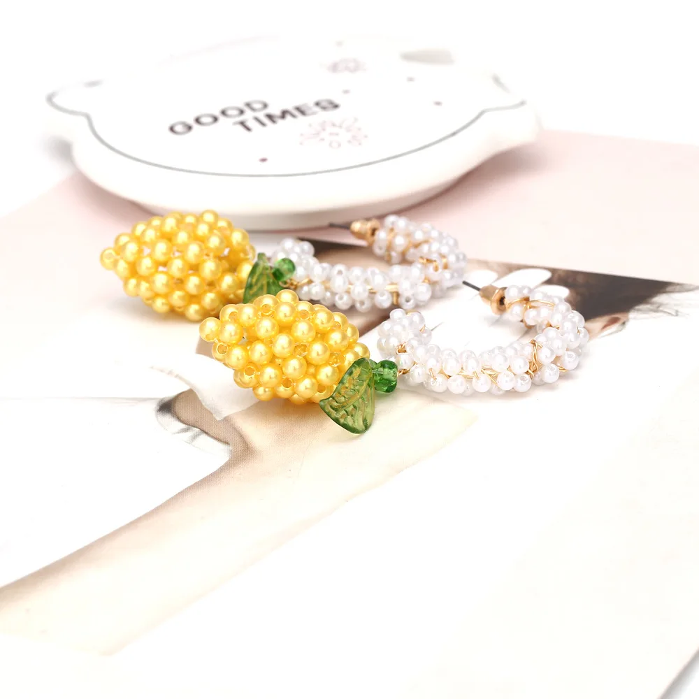 LuxHoney Fashion ZA Style Cute Hand-Knitting C-Shape Mini Pearl Beaded Hoop Earring for Women with Yellow Lemon Shape Bead Charm