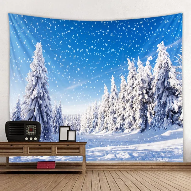 

Christmas Tree Snow Scenery Tapestry Wall Hanging Small Fresh Bohemian Table Mat Living Room Decorate Polyester Background Cloth