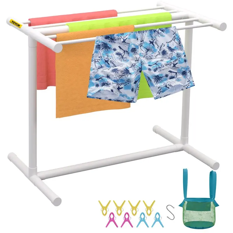 

Freestanding Towel Rack, 5 Bar, White, Pool Outdoor PVC T-shape Poolside Storage Organizer, Include 8 Towel Clips, Mesh Bag, Hoo