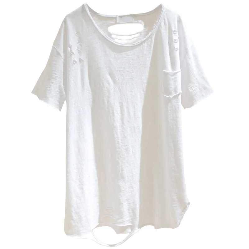 Рваная футболка с коротким рукавом женская Ins2024 весеннее свободная хлопковая