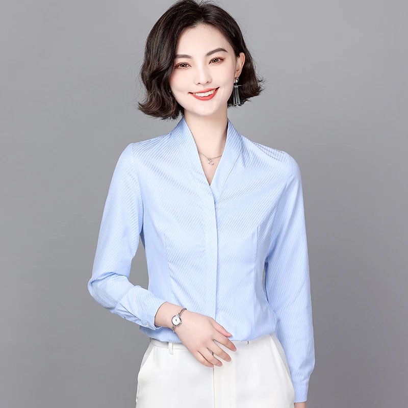 

Модная женская рубашка, однотонная универсальная блузка для женщин, Топ с длинным рукавом и V-образным вырезом, одежда на пуговицах, Женская ...