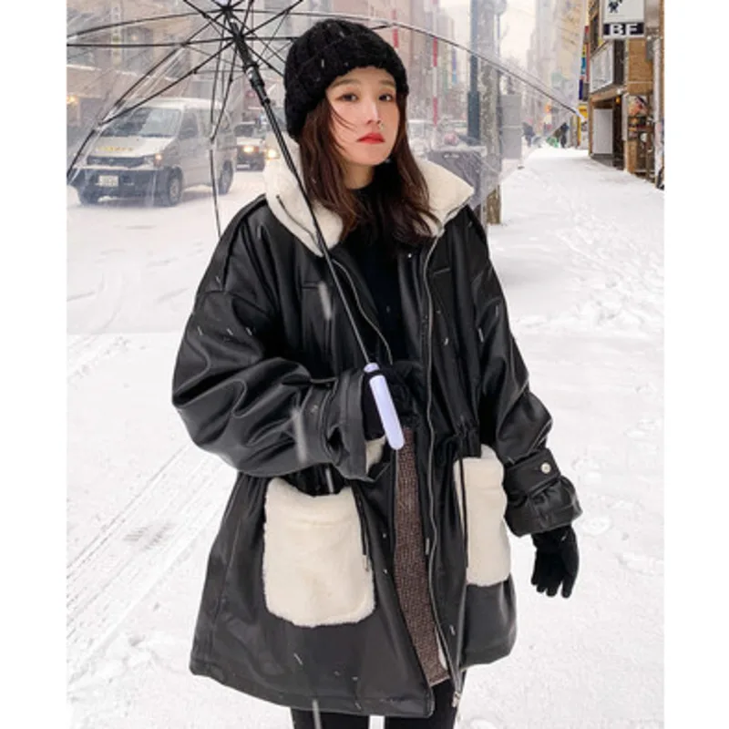 casual jaqueta de couro feminino inverno coreano retro mais veludo grosso algodao