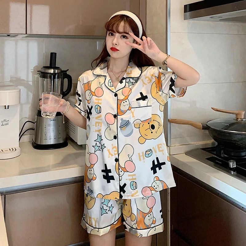 Disney Tigger and Winnie the Pooh Stain Pajamas Set for Women Summer Loose Casual Silk Home Suit Women Shorts for  Sleepwear