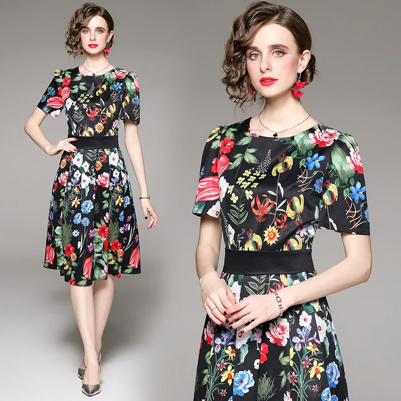 

Summer New Runway Show High-end Temperament Round Neck Short Sleeve Waist with Lining Positioning Printing Holiday Beach Dress