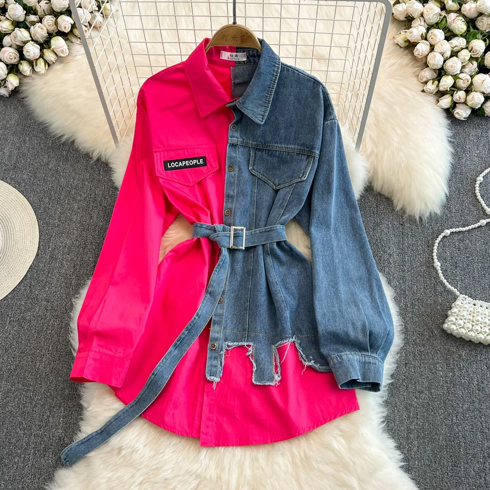 

Retro Polo Shirt Women Temperament Waist with Belt Color Matching Denim Shirt Ladies Spring New Chic Casual Long Top Blusas
