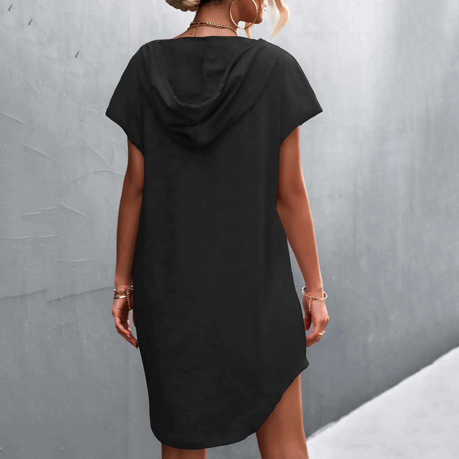 

Summer Casual Dresses For Women Short Sleeve Drawstring Solid Color Hooded Sweatshirt Summer Dressed Halter Neck Maxi Dress