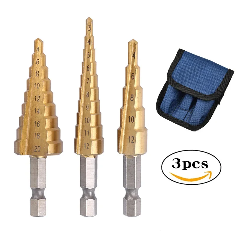 

3Pcs 3-12mm 4-12mm 4-20mm HSS Straight Groove Step Drill Bit Titanium Coated Wood Metal Hole Cutter Core Cone Drilling Tools Set