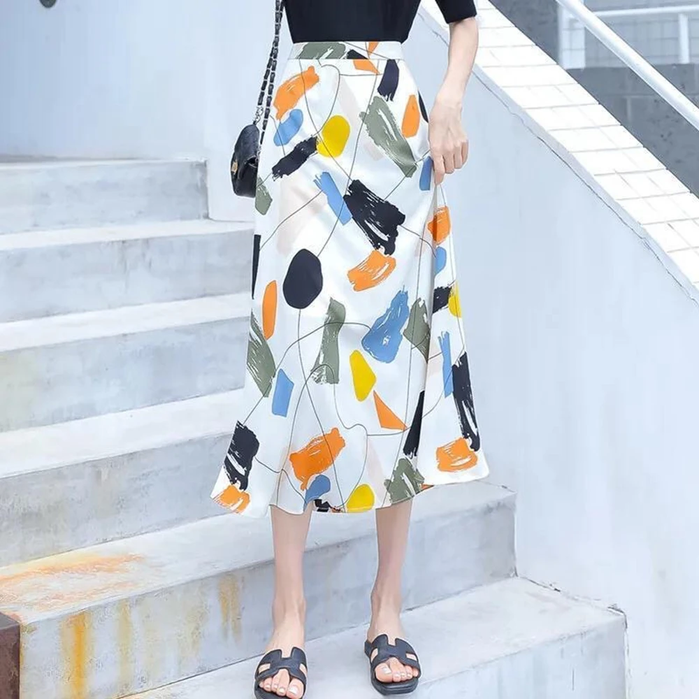 2023 Summer Fashion Colorful Graffi Print A-line Pleated Long Skirts Women Korean High Waist Skirt Streetwear Beach Midi Skirt