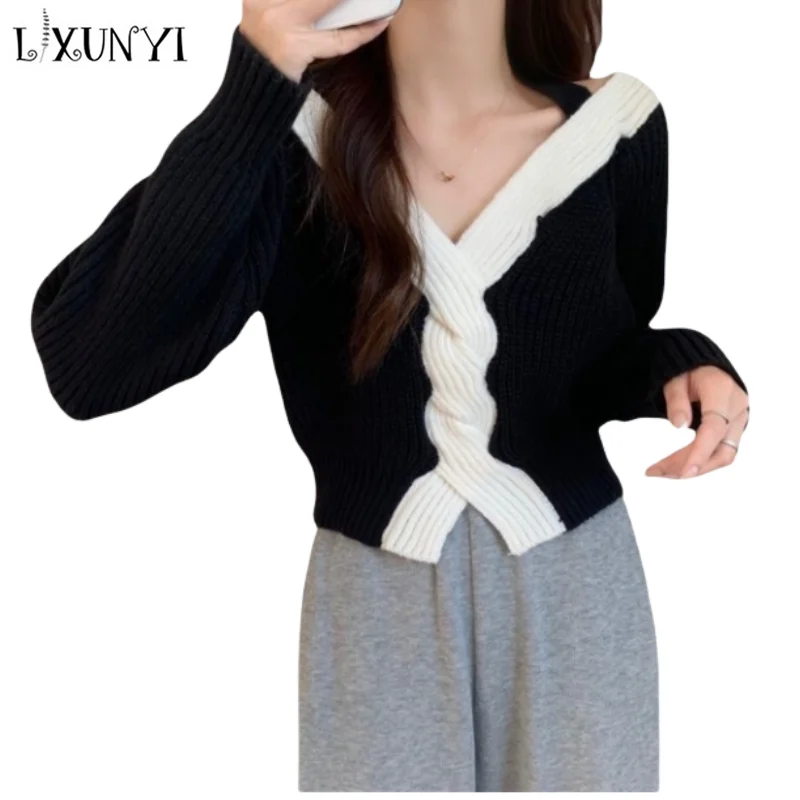 

LXUNYI Autumn Winter 2023 Design Halter Sweater Female V Neck Sweaters Women's Contrast Color Short Knitwear Top Full Sleeve