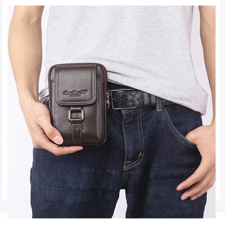 Men Genuine Leather  Cell/Mobile Phone Case Cross body Waist Pack Hip Bum Bags Fashion Casual Male Belt Hook Messenger Bag images - 6
