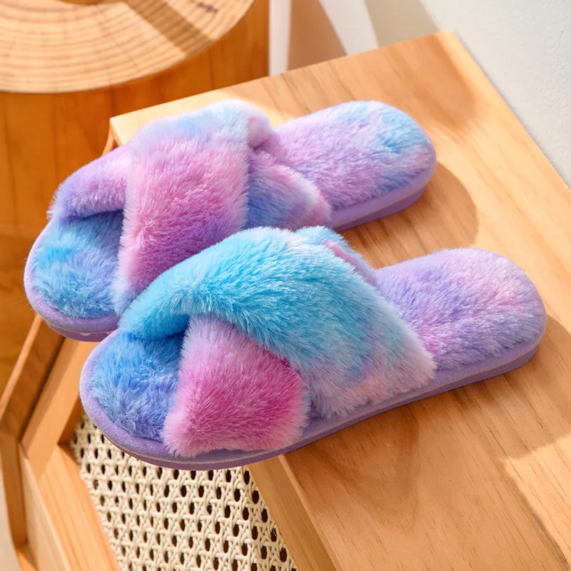 New  Women's Cross Fur Rainbow  Colorful Winter Slipper Home Shoes For Female  Indoor House Floor Slippers