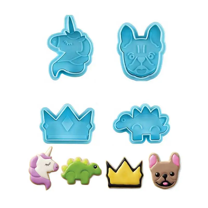 

4pcs Unicorn Party Theme Cookie Spring Cutters Dinosaur Crown Food Grade Plastic Chocolate Mold Cake Decorating Tools