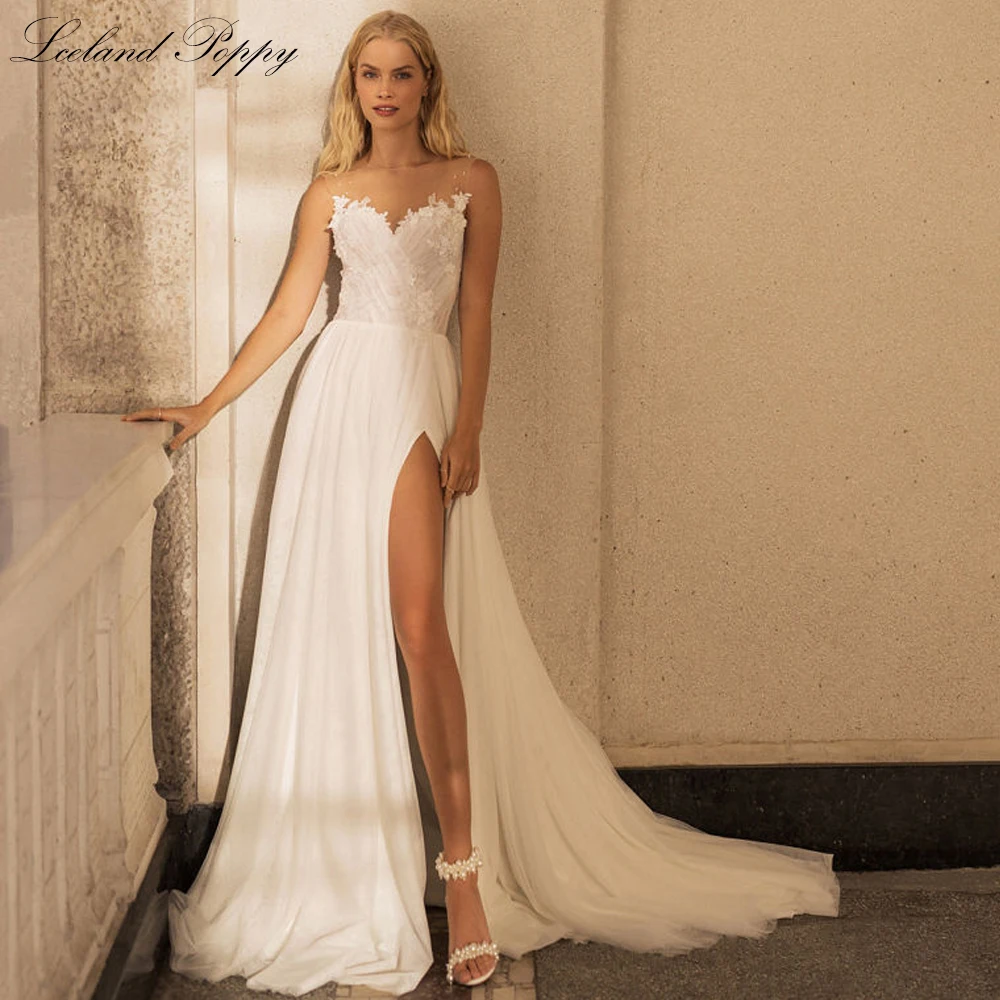 

Lceland Poppy Elegant A Line Tulle Wedding Dresses Floor Length Sleeveless Beaded Split Bridal Gowns with Court Train