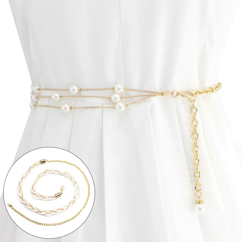 Pearl Waist Belts for Women Dress Adjustable Metal Thin Chain Belt Skinny Ladies Waistband Strap Decorative Jewelry Accessories