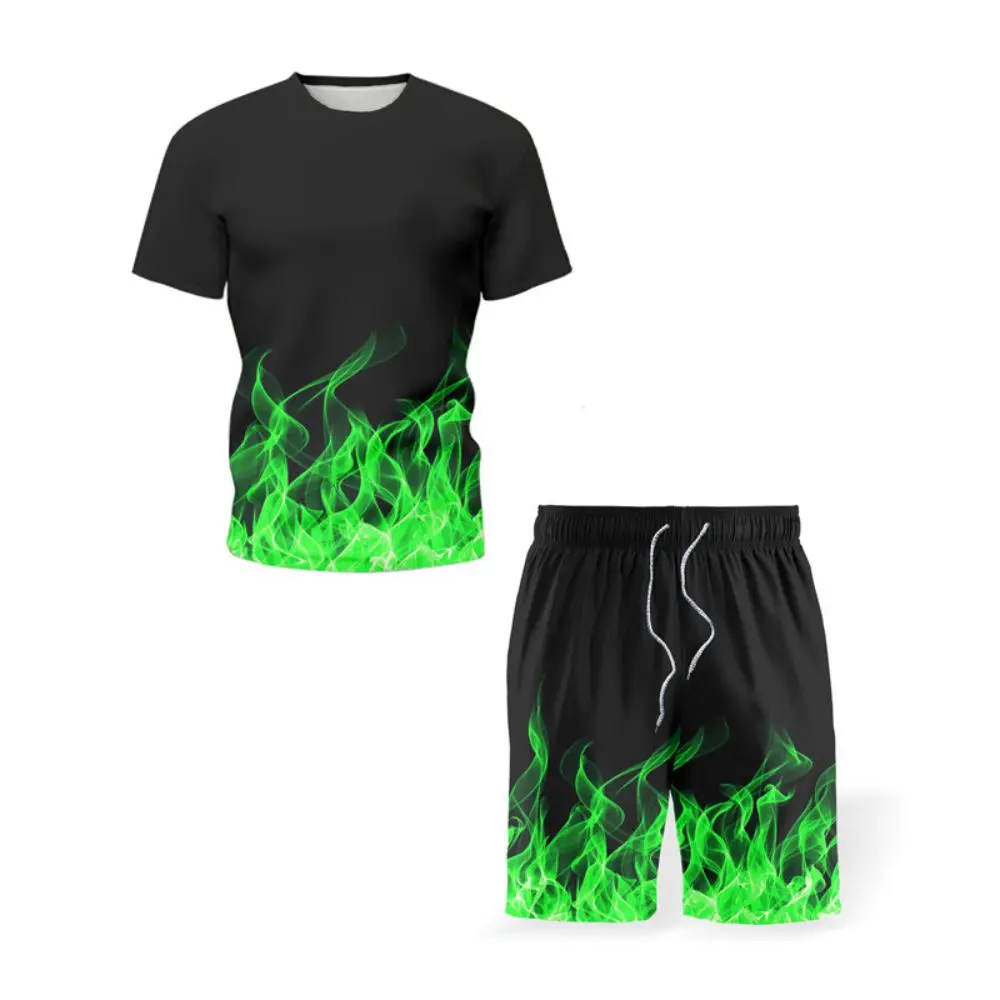 3D Printed T-shirt Suits Plus Men Clothes Size The Flame Graphic Round Neck Ropa  Designer Short Sleeve 2 Pieces Summer
