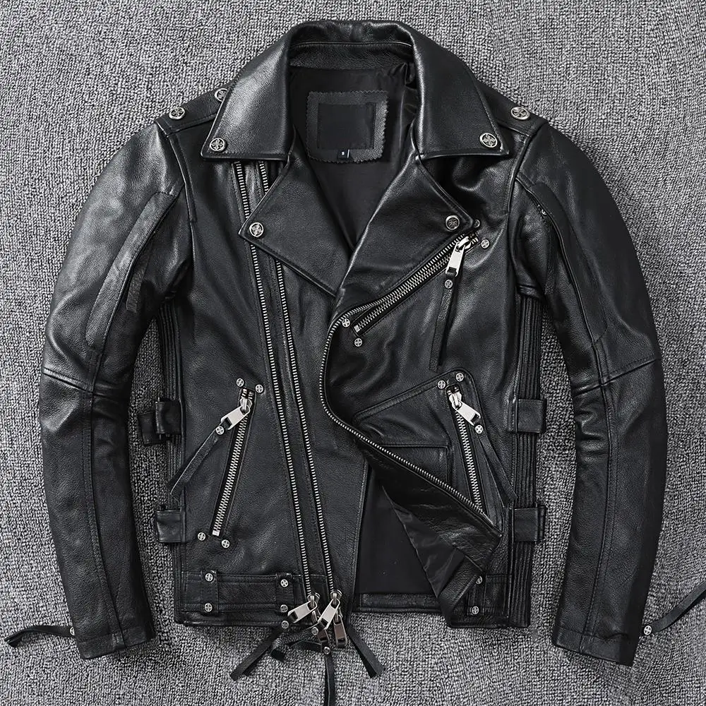 

Black Motorcycle Leather Jacket Men Natural Genuine Cowhide Slim Fit Vintage Brown Mens Biker Racer Jackets Oblique Zipper S~5XL