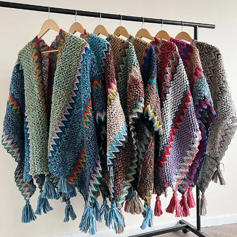 Vintage Harajuku Knitted Blanket Shawls Scarfs Women's Warm Shawl Wraps Fringe Cape Winter Cardigan Sweaters Open Front Ponchos