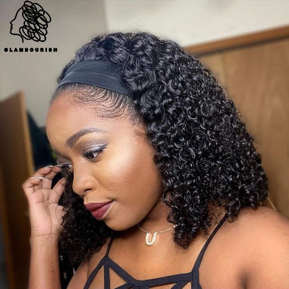 

Brazilian Kinky Curly Headband Wigs Human Hair Wigs for Black Women 180% Density Brazilian Remy Hair Wigs Scarf No Gel Glueless