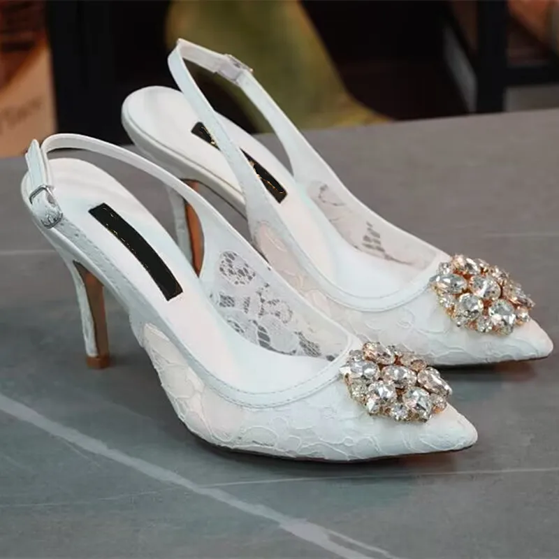 Women's sandals 2023 spring and summer new style rhinestone crystal fashion banquet high heel lace wrapped muller shoes