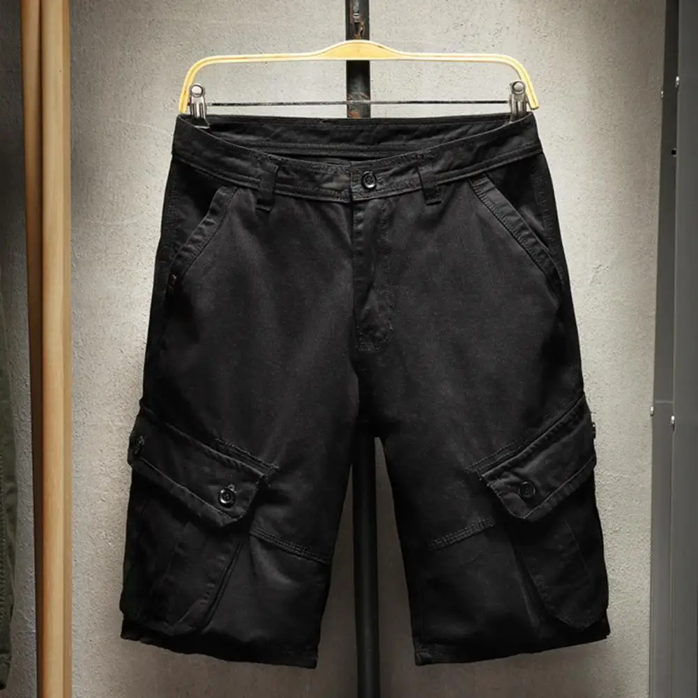 

Men Casual Shorts Solid Color Cargo Shorts Zipper Loose Multi Pockets Summer Beach Pants Male Garment