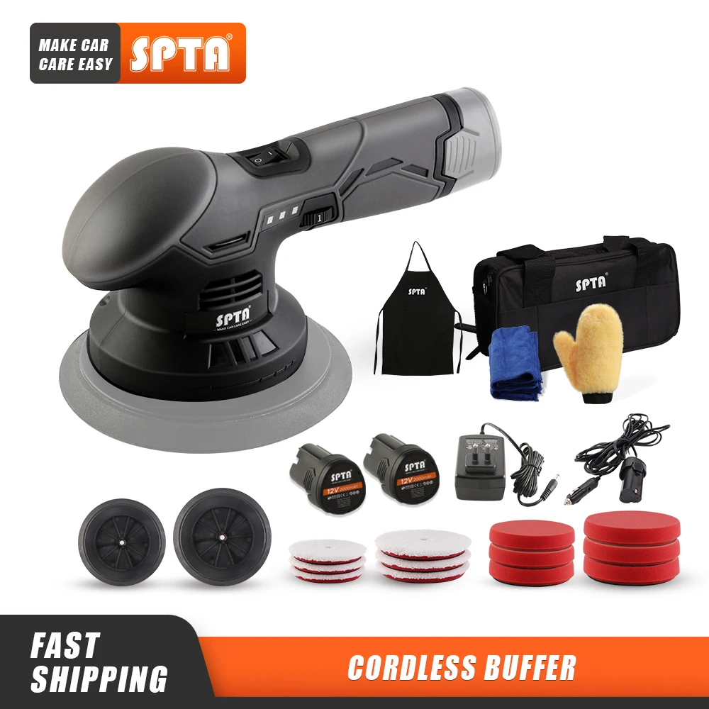 SPTA 12V Cordless Buffer Polisher 8mm DA Polisher with 2pcs 2.0Ah Battery Variable Speed Dual Action Polisher Kit for waxing