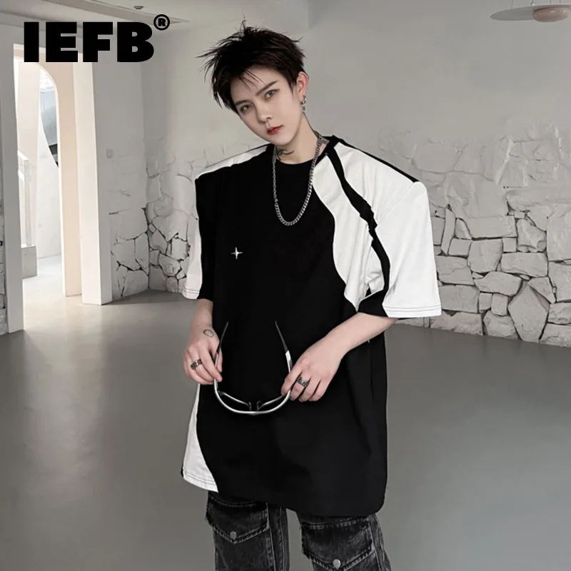 

IEFB Men's Patchwork Shoulder Pad T-shirt Summer Thin Contrast Color Male Loose Short Sleeve Tee Niche Design Streetwear 9A7893