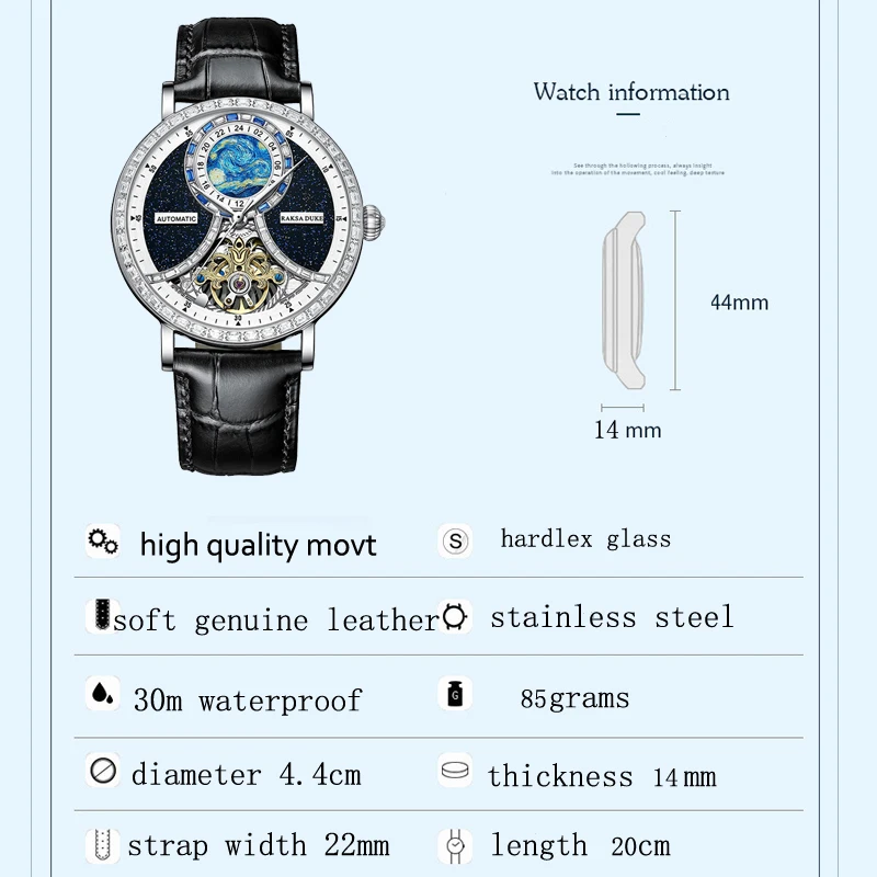 Скидка Загадочные звездное небо W/ Diamond Автоматические часы для мужчин Роскошные Raksa Duke Скелет Турбийон Механические Мужские часы Relogio