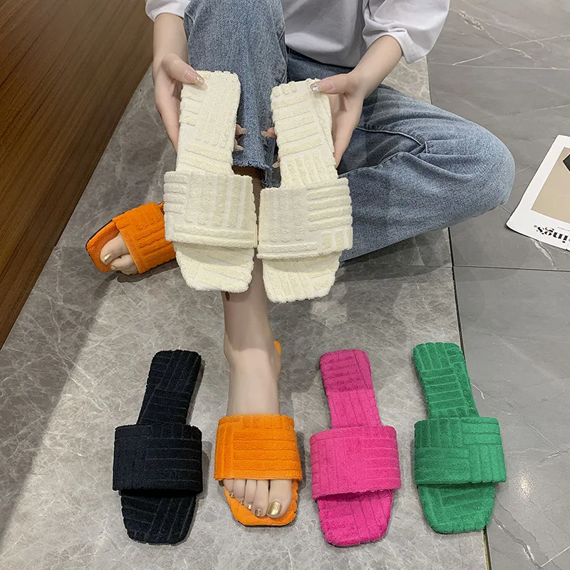 Autumn Winter 2022 European And American New Flat Outer Wear Square Tips Indoor Fashion Simple Pure Color Cotton Slippers