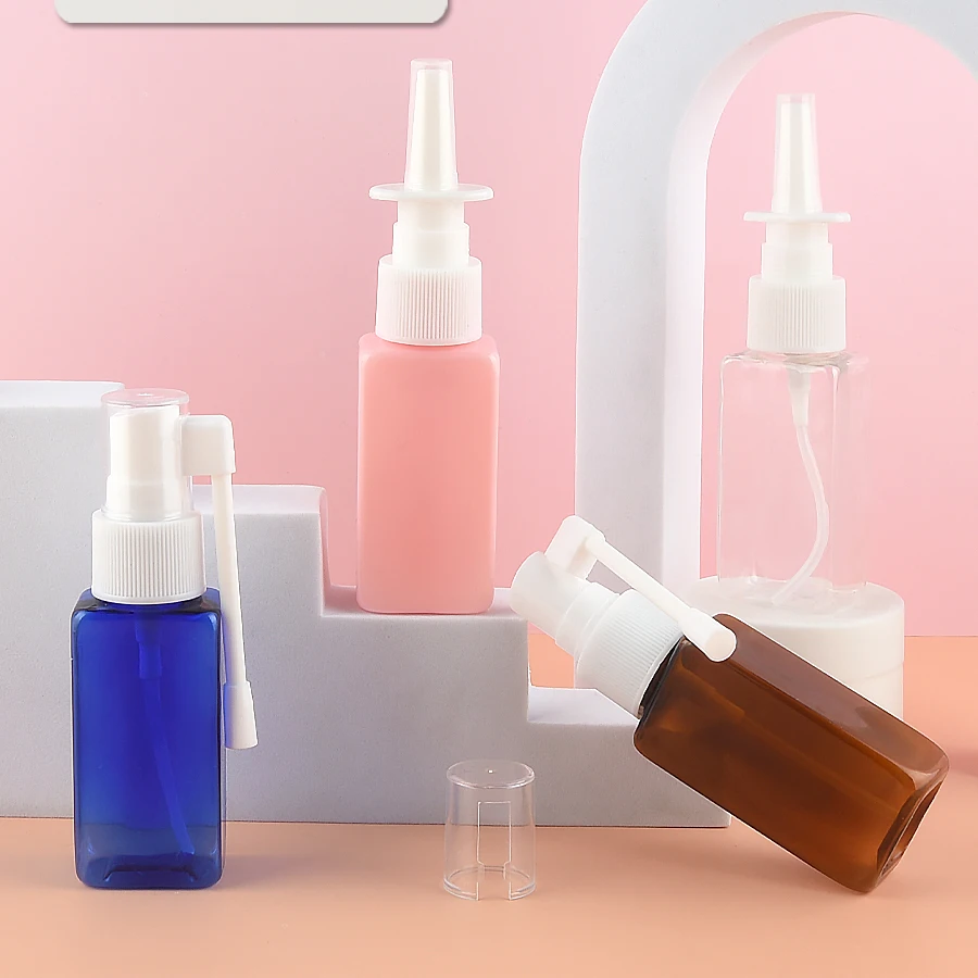 

100pcs 30ml Mini Travel square clear brown Empty Plastic Nasal Spray Bottles Pump Sprayer Mist Nose Spray Pet Refillable Bottles