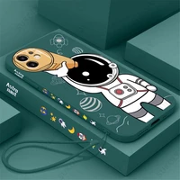 cute astronaut hand lanyard phone case for iphone 13 12 11 pro max xs max xr x 8 7 plus liquid silicon soft bumper back cover