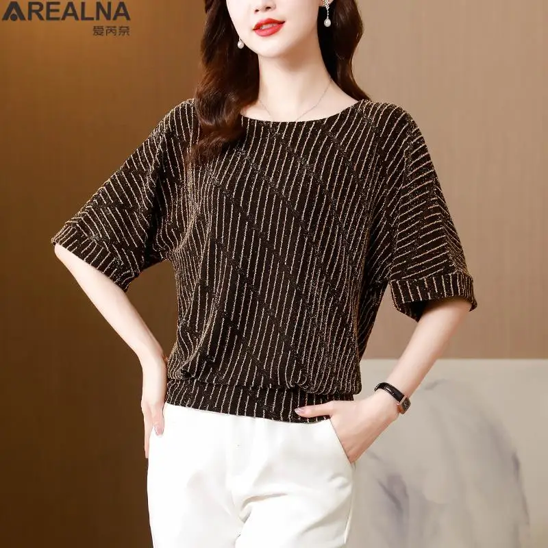 

Summer Korean Fashion Stripes t shirt for women Vintage elastic Bright 0-neck Pullover Top Ladies Basic Women's t-shirts 2023