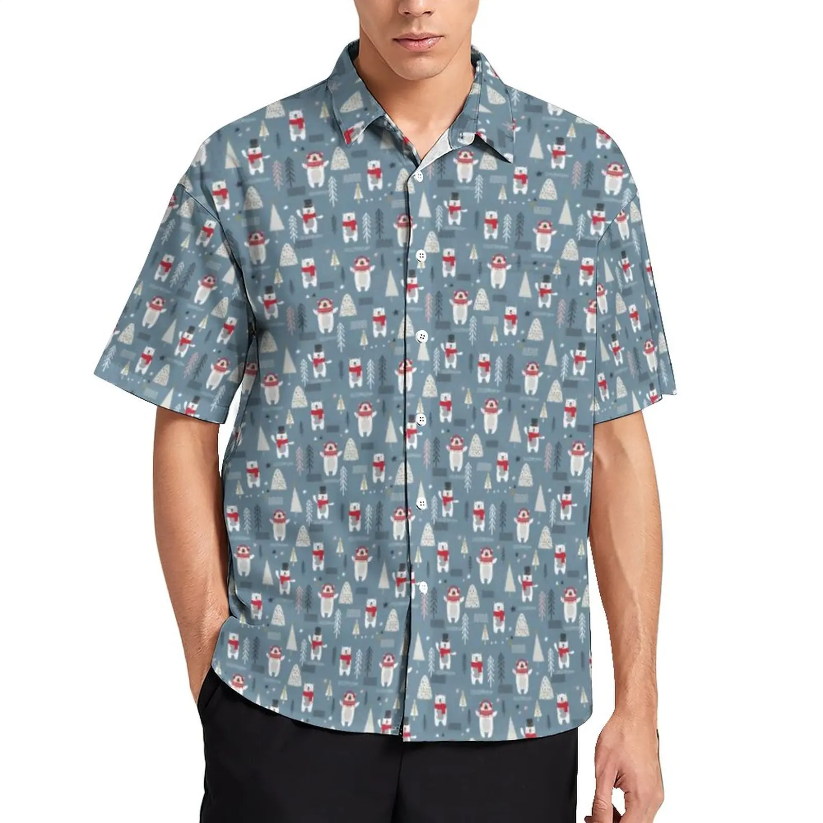 

Повседневная рубашка в скандинавском стиле с изображением животных, свободная рубашка для отпуска с изображением рождественской елки и белых медведей, модные Гавайские блузки, дизайнерская одежда большого размера
