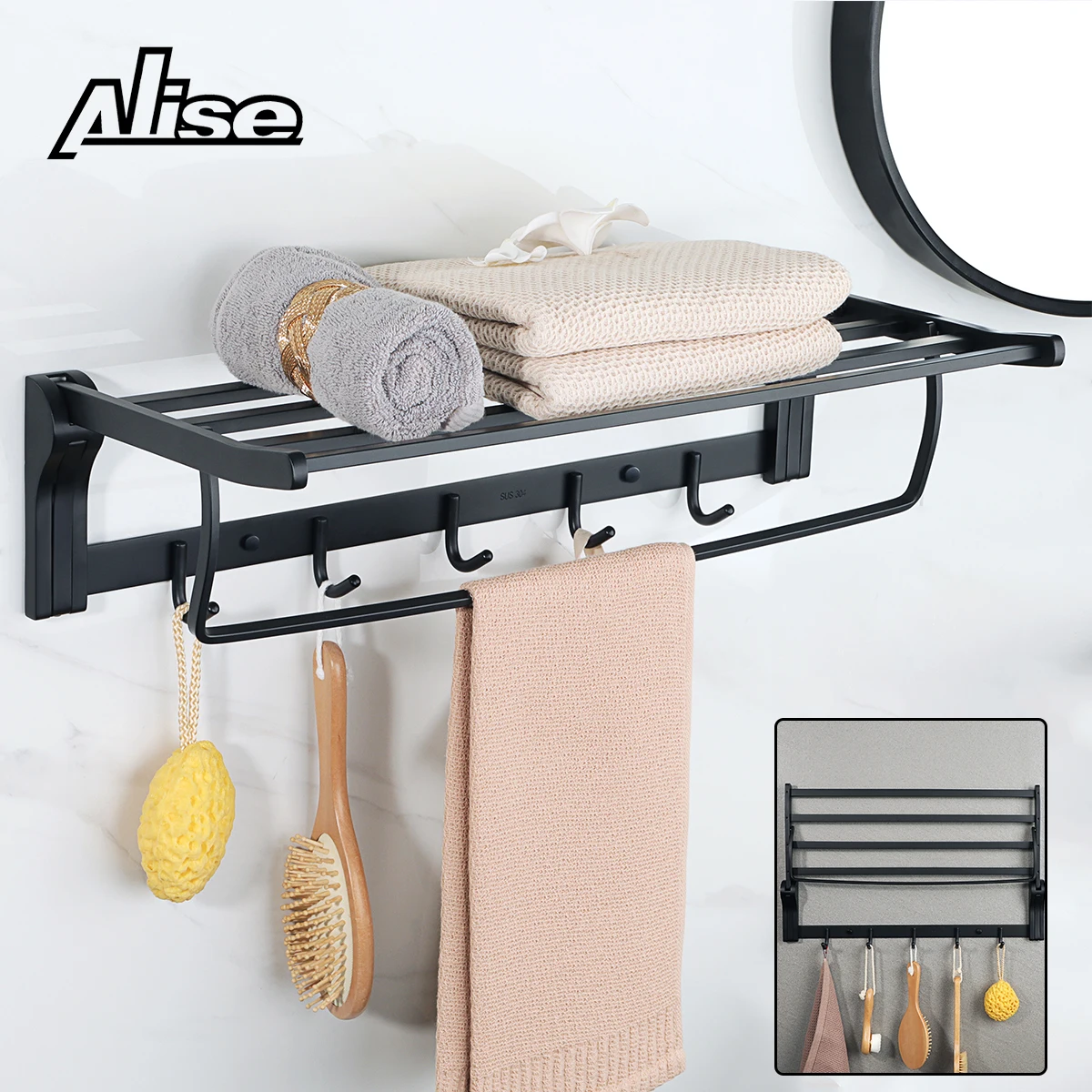 

60cm Black Towel Rail Wall Mounted SUS304 Stainless Steel Towel Rack Shelves Towel Holder with Double Towel Bars for Bathroom