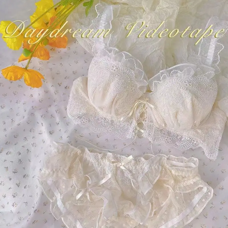 Lace bra and panty sets champagne Japanese gathered lace mesh sexy bra set women's underwear cute fairy cute lingerie lolita