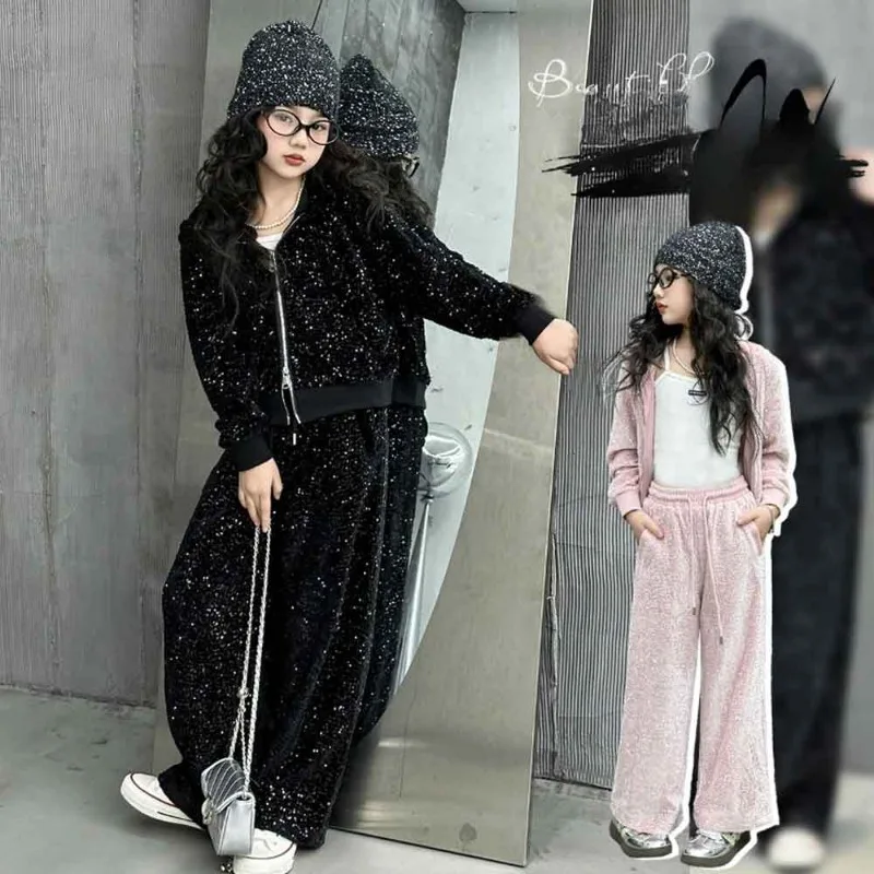 Фото Комплекты одежды с блестками для маленьких девочек, детская куртка + брюки, костюмы из 2 предметов, спортивный костюм для подростков, весна 2023 года, детская одежда для детей от 4 до 14 лет №1