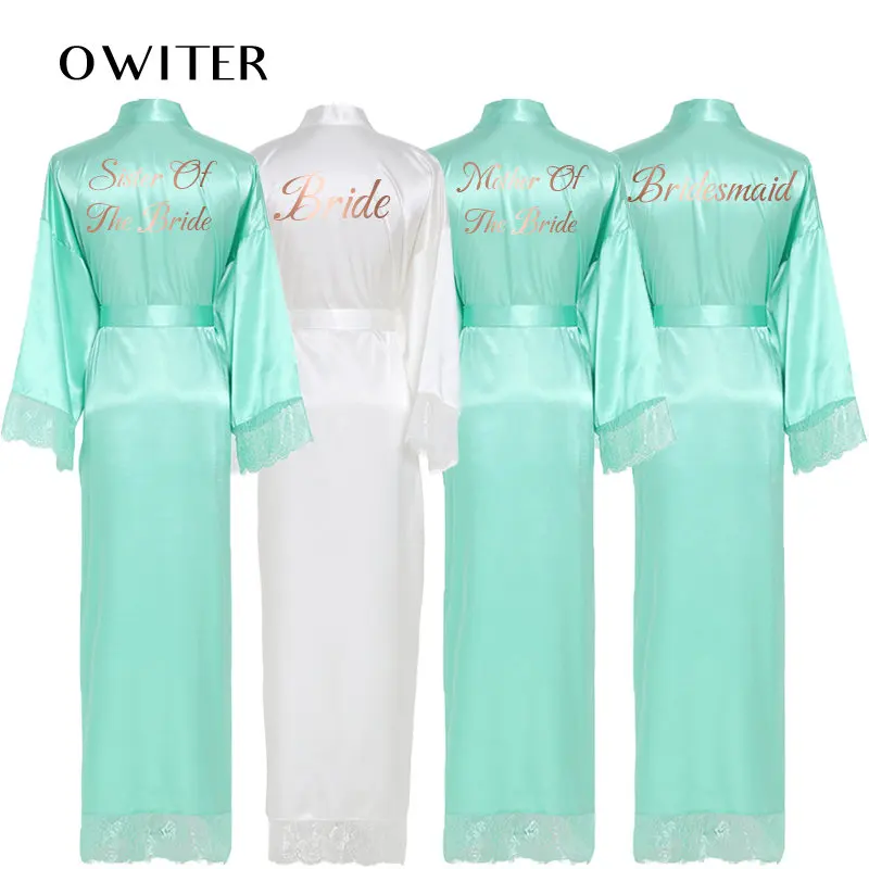 OWITER Silk Satin Lace Robes Bridesmaid Bride Robe Bridesmaid Robes Women Wedding Long Robe Sleepwear Bathrobe Mint Robes