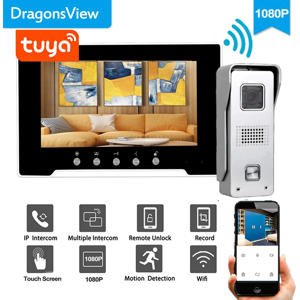 Видеодомофон Dragonsview 1080P с поддержкой Wi-Fi и сенсорным экраном |