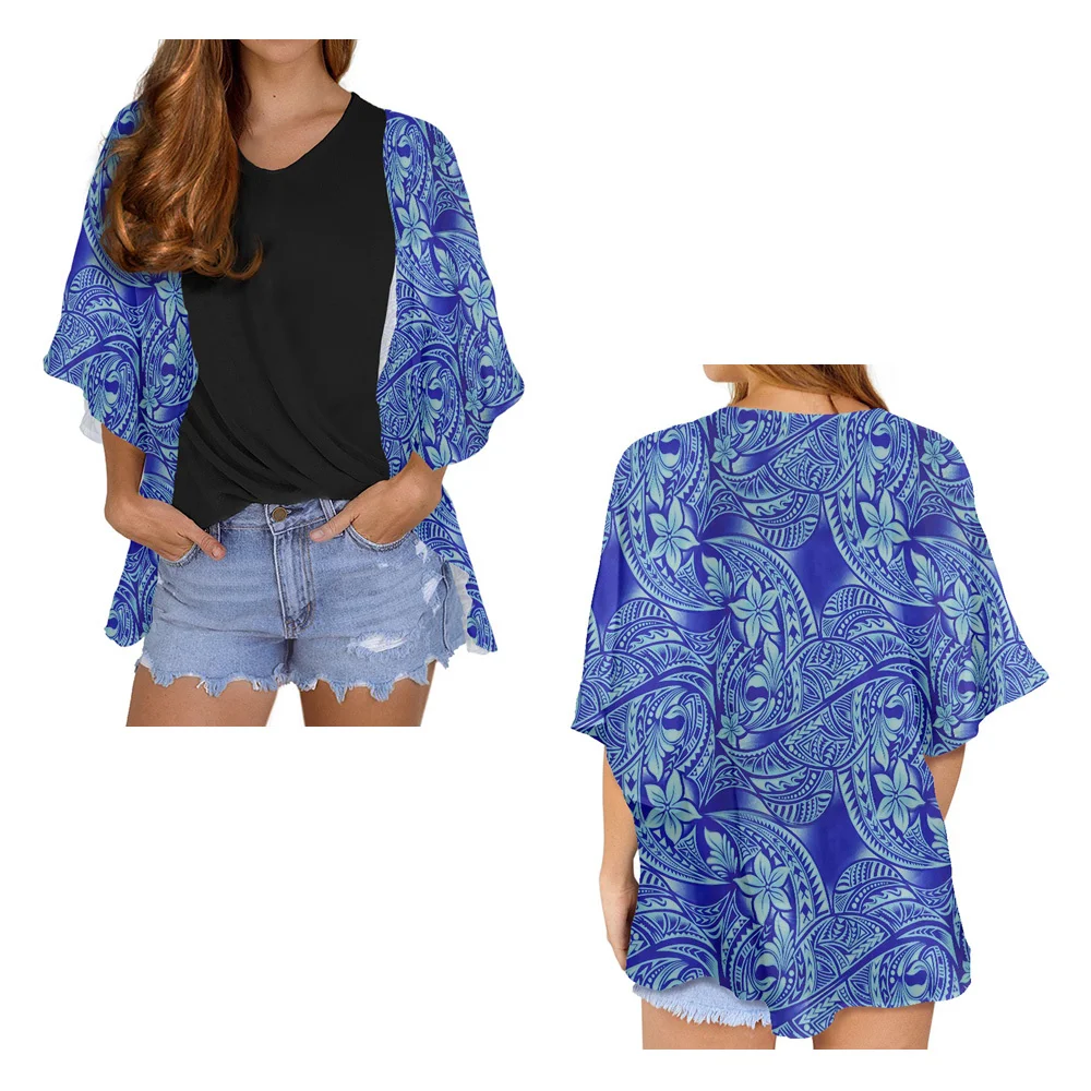 

Latest Chiffon Tops Short Sleeve Beachwear Polynesian Tribal Hawaiian Blue Hibiscus and Monster Leaves Print Kimono Cardigan