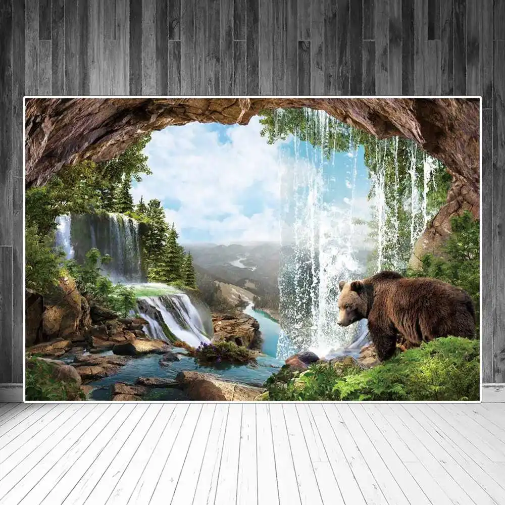 

Hilltop Waterfall Cave Arch Landscape Photography Backgrounds Mountains Forest River Bear Party Home Decoration Photo Backdrops