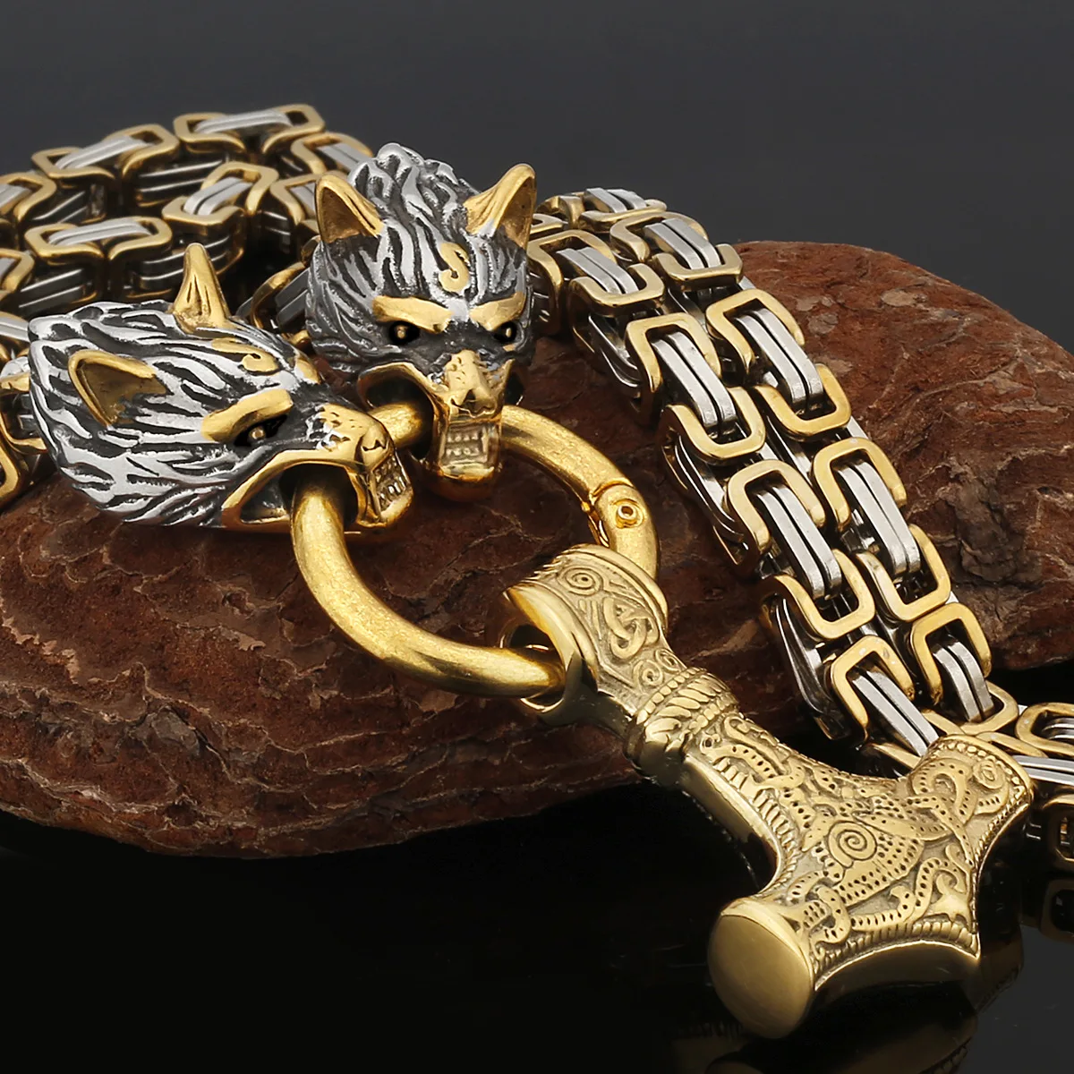 

Men Stainless Steel Wolf Head Norse Thor's Hammer Pendant Viking Amulet Necklace Viking King Chain Vintage Accessories Jewelry