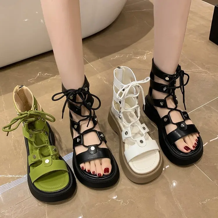 

2023 New Popular Summer Roman Sandals Women's Matsutake Thick Sole Versatile Open Toe Beach Shoes Thick Sole Hollow Sandals