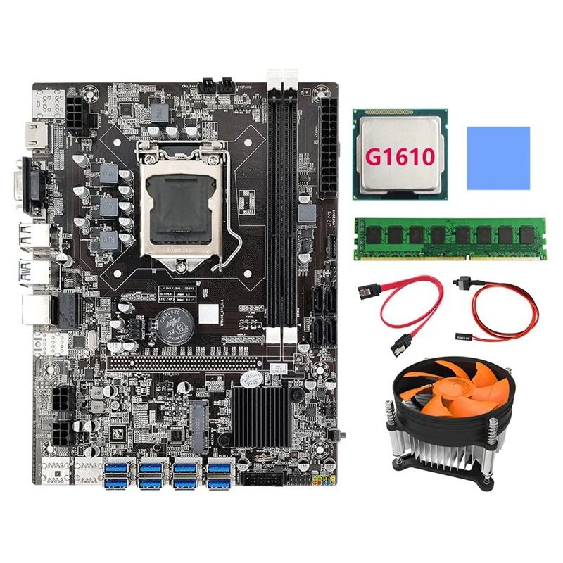 B75 BTC Mining Motherboard LGA1155 8XPCIE USB3.0 G1610 CPU+SATA Cable+Thermal Pad+Cooling Fan+DDR3 4GB 1600Mhz RAM Miner