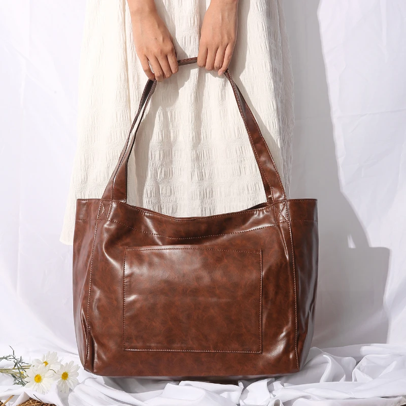 

Trendy New Style Women's Large Bag with Pockets Soft Leather Portable Shoulder Vintage Oil Wax Leather Large Capacity Handbags