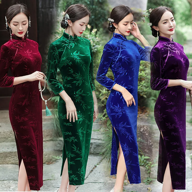 

Plus Size Chinese Traditional Cheongsam For Woman Flannel Velvet Qipao Long Dress Wedding After Party Dress New Year Outfit