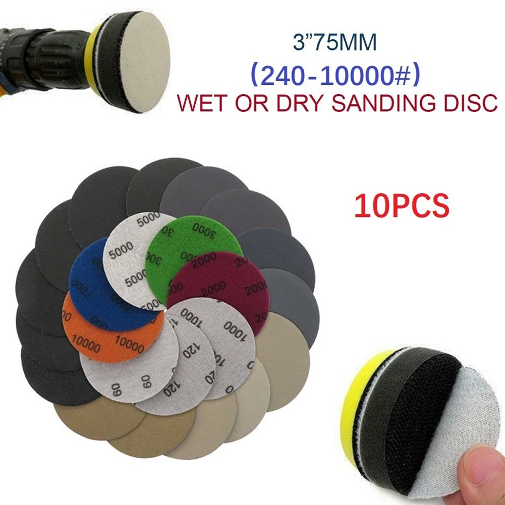

10Pcs 3inch Sanding Disc Wet/Dry Sanding Paper Abrasive Polishing Grinding Pads 240-10000 Grit Sandpaper