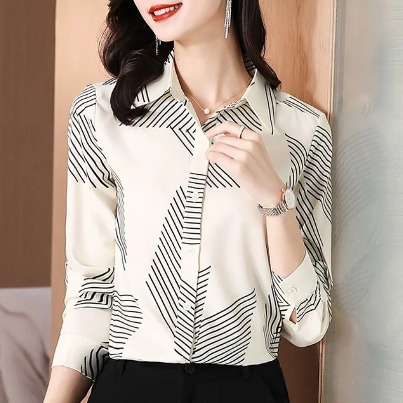 Fashion Lapel Printed Button Asymmetrical Shirt Women's Clothing 2023 Spring New Loose Casual Tops All-match Office Lady Blouse