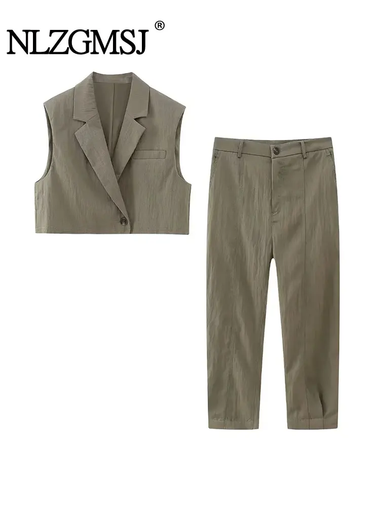 

Женский модный Блейзер Nlzgmsj TRAF, комплект из 2 предметов, шикарный костюм с одной пряжкой без рукавов, жилет, брюки с широкими штанинами, повседневный костюм