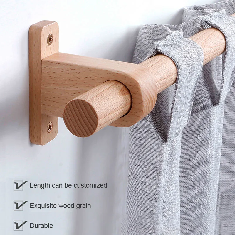 Natural Beech Curtain Rod Solid Wood Roman Pole Side Ceiling Mount Japanese Wooden Track Bracket Accessories Customized Size
