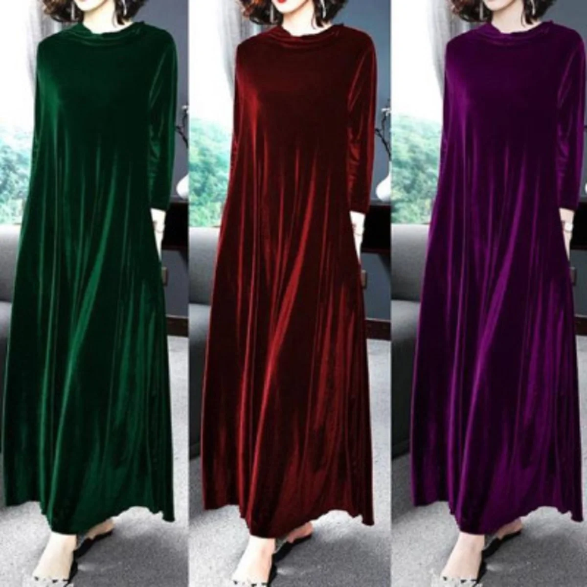 

Women's Velvet Dress Shift Long Maxi Dress Green Black Purple Long Sleeve Pure Color Pocket Winter Fall Spring CrewNeck Mature